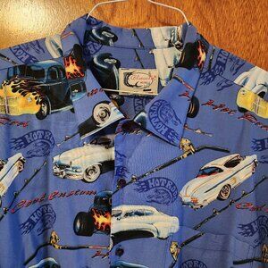 Men's 2XL Bluewater Wear Blue Hot Rod Cool Custom Short Sleeve Button Down Shirt